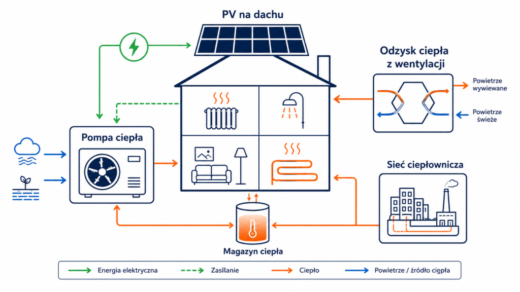 Schemat systemu energetycznego z pompą ciepła, magazynem ciepła, fotowoltaiką i odzyskiem ciepła z wentylacji.